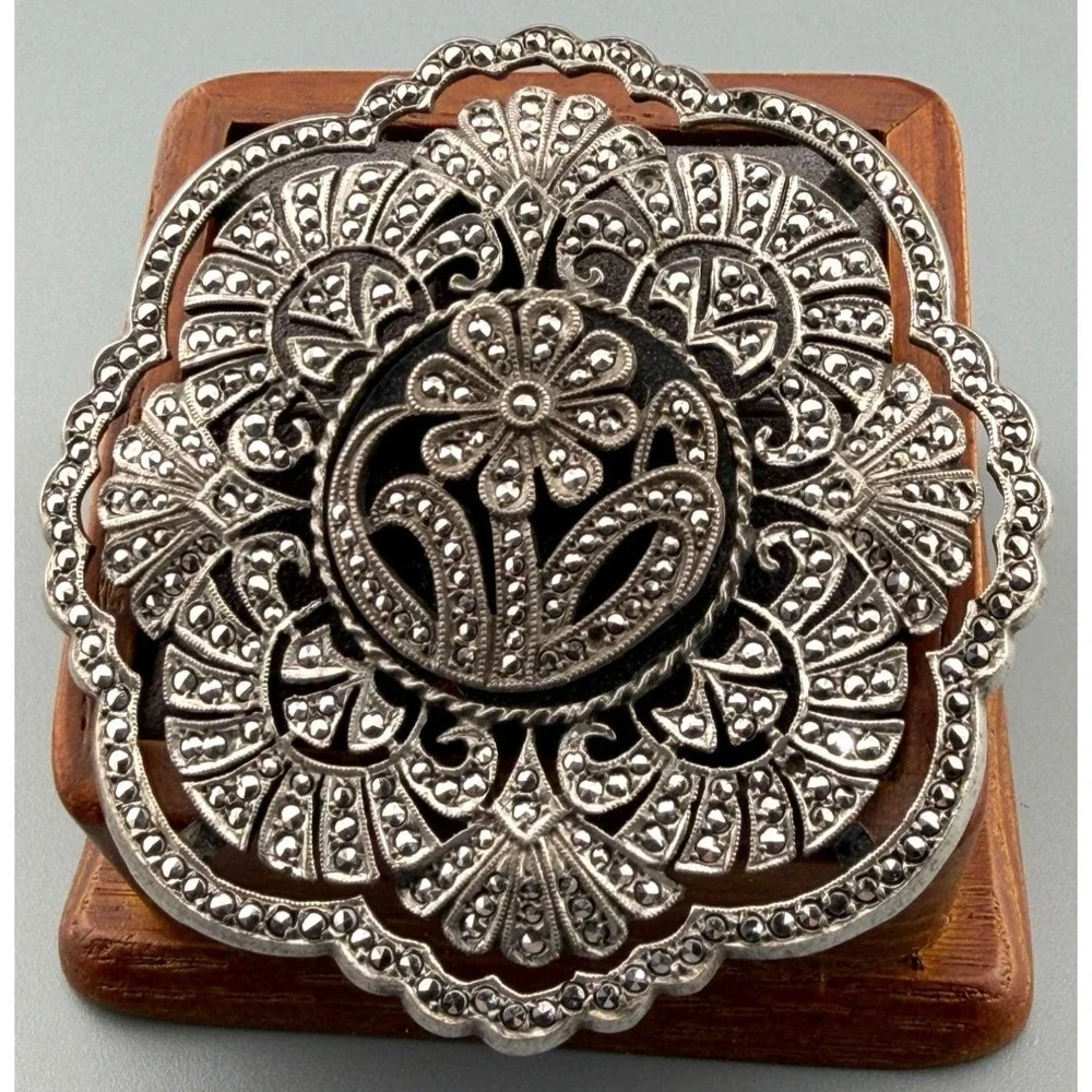 Vintage Art Deco Brooch Sterling Silver Floral Marcasite Black Onyx Center READ